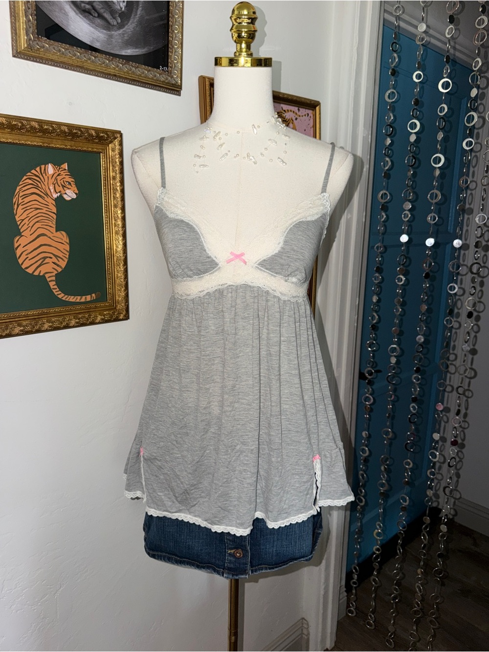 Y2K Grey Lace-Trim Babydoll Nightie with Pink Accents